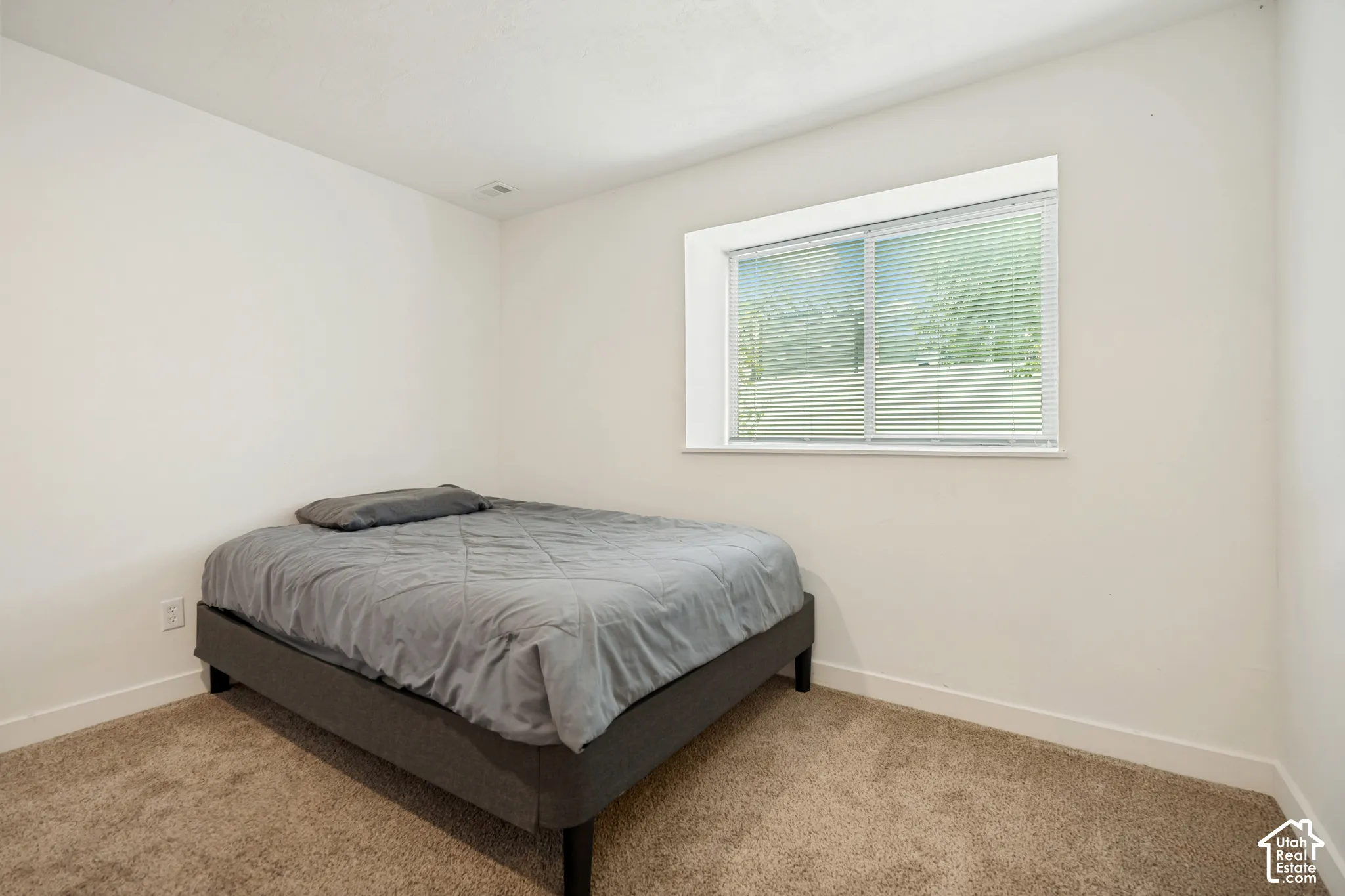 Interior space featuring neutral wall tones, wall-to-wall carpeting, and a wide sliding window