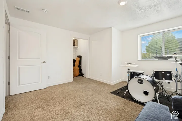 Neutral-toned carpeting, recessed ceiling lighting, a single-panel interior door, and a sliding window with horizontal blinds
