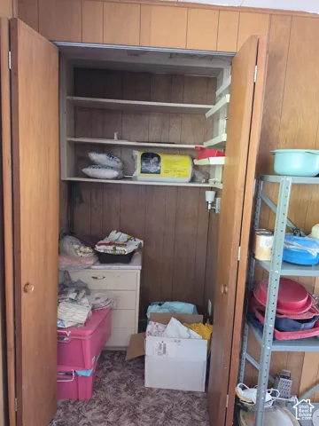 Built-in closet featuring wood-panel wall finishes, integrated shelving, and a cabinet unit with drawers