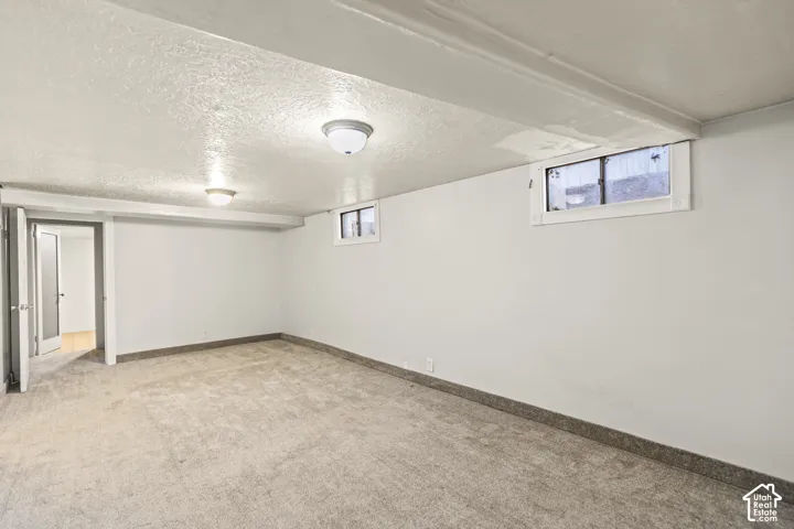 Neutral-toned interior space featuring wall-to-wall carpeting, dual ceiling-mounted light fixtures, and two rectangular windows with white frames