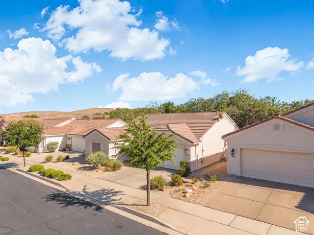 Stucco exterior featuring tile roofing, concrete driveway, and xeriscaped front yard with mature trees