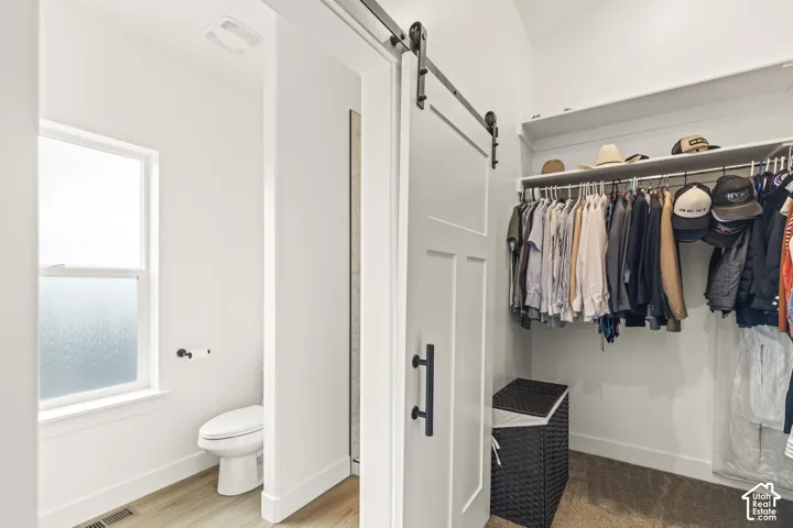 White barn door with matte black hardware, integrated closet shelving, frosted glass window, and water-closet featuring neutral flooring