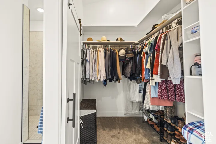 Walk-in closet featuring white built-in shelving, custom hanging rods, neutral carpeting, and a white sliding barn door with matte black hardware
