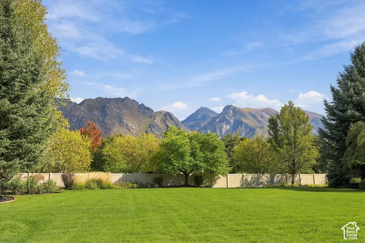 Expansive lawn framed by mature trees, privacy fencing, and a prominent mountain backdrop