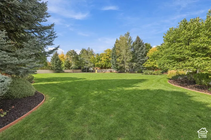 Expansive backyard featuring a manicured lawn, established mature trees, and shaped garden beds with organic mulch
