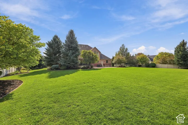 Expansive backyard featuring a manicured lawn, mature evergreen trees, ornamental landscaping, and perimeter fencing