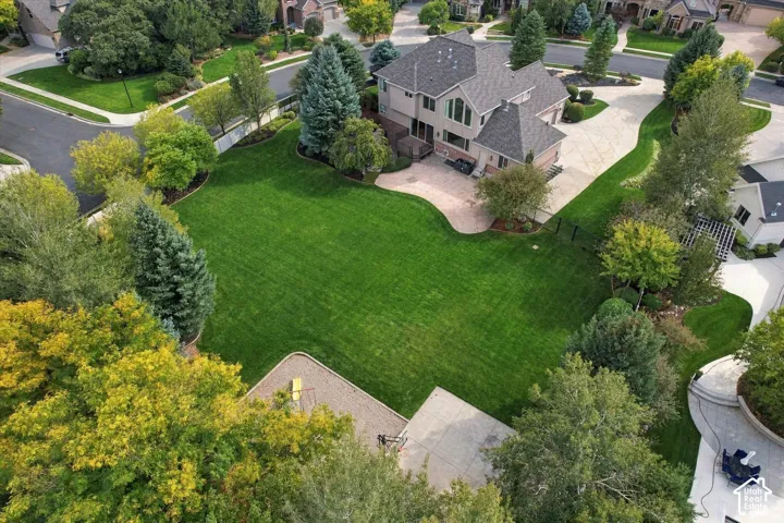Expansive backyard featuring a large manicured lawn, paver patio, mature trees, and a concrete driveway