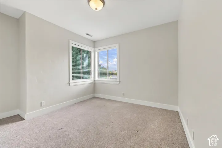 Neutral interior featuring neutral wall tones, plush wall-to-wall carpeting, corner-positioned dual windows with horizontal blinds, and a semi-flush mount ceiling fixture