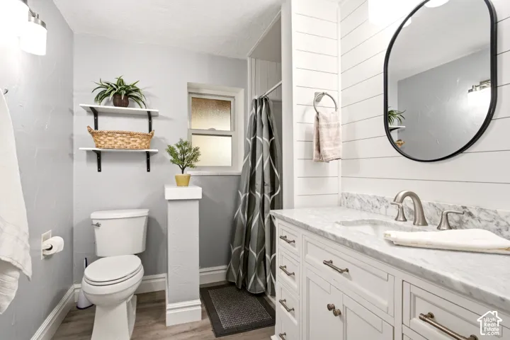 White cabinetry with stone-finish countertop, undermount sink, oval wall mirror, horizontal shiplap wall detail, and wood-finish flooring