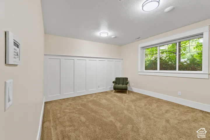 Interior room featuring white wainscoting, neutral carpeting, flush-mount ceiling lighting, and a large window with exterior greenery