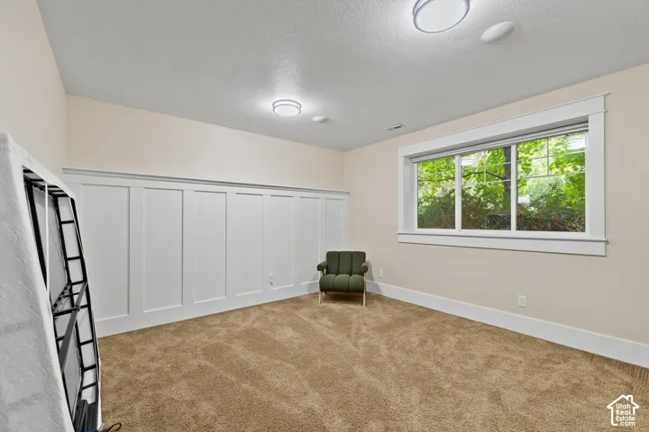 Interior room featuring wall-to-wall carpeting, extensive white wainscoting, a large sliding window with white trim, and multiple flush-mount ceiling light fixtures