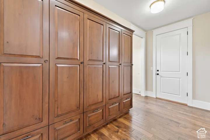 Custom floor-to-ceiling wooden cabinetry with integrated lower drawers, featuring a warm-toned finish and dark metal hardware, complemented by wood-finish flooring and a solid-panel door with architectural door casing