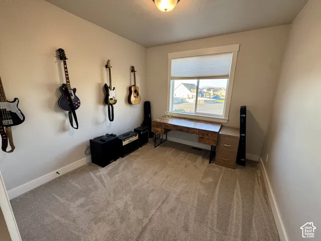 Room featuring neutral-toned carpeting, window with roller shade, and ceiling-mounted light fixture