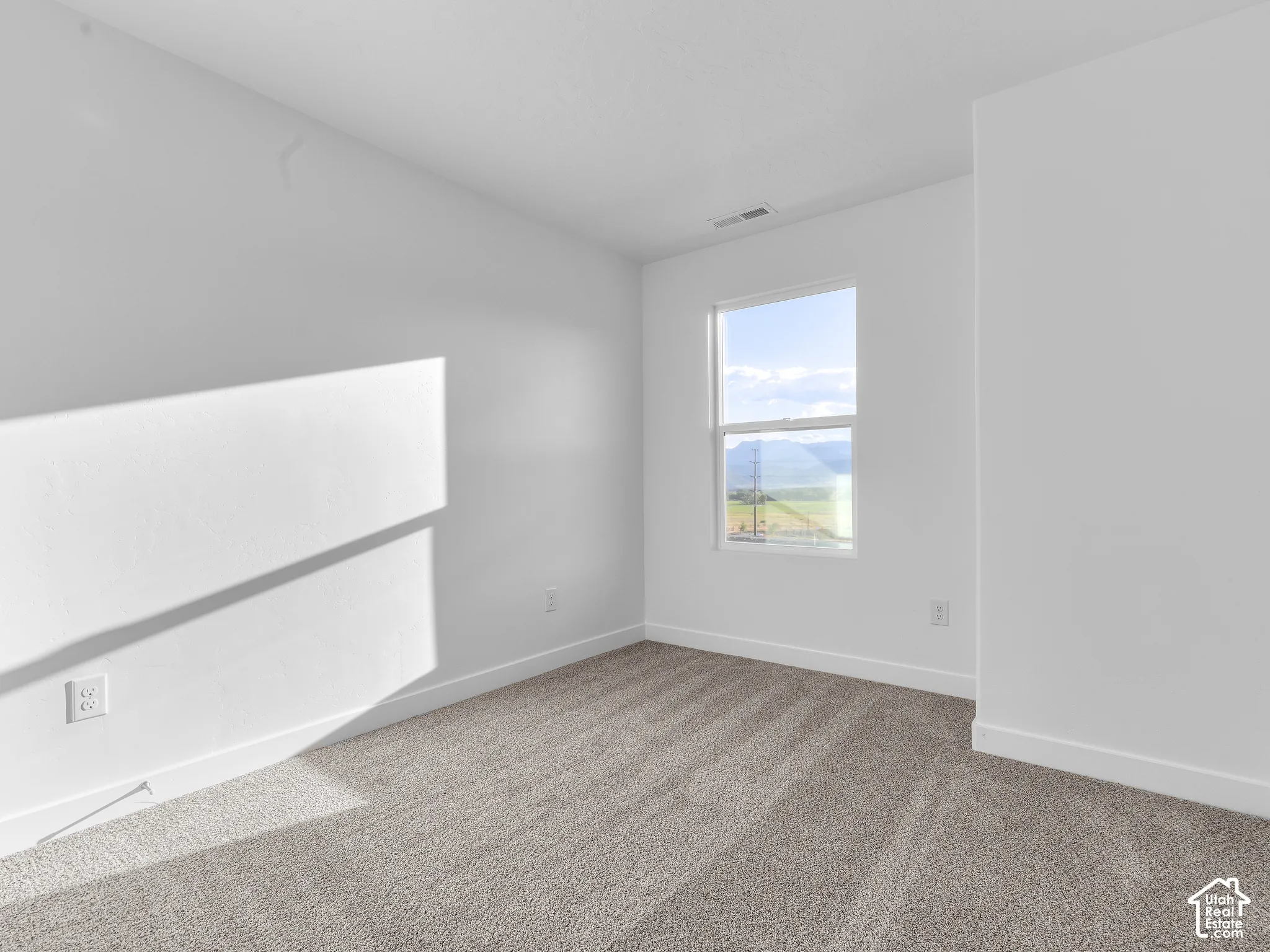 Neutral-toned carpeting, crisp white wall finishes, and a single-pane window featuring mountain scenery