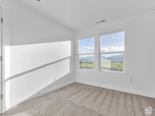 Interior room featuring neutral-toned carpeting, two dual-pane windows, and a backdrop of mountain scenery