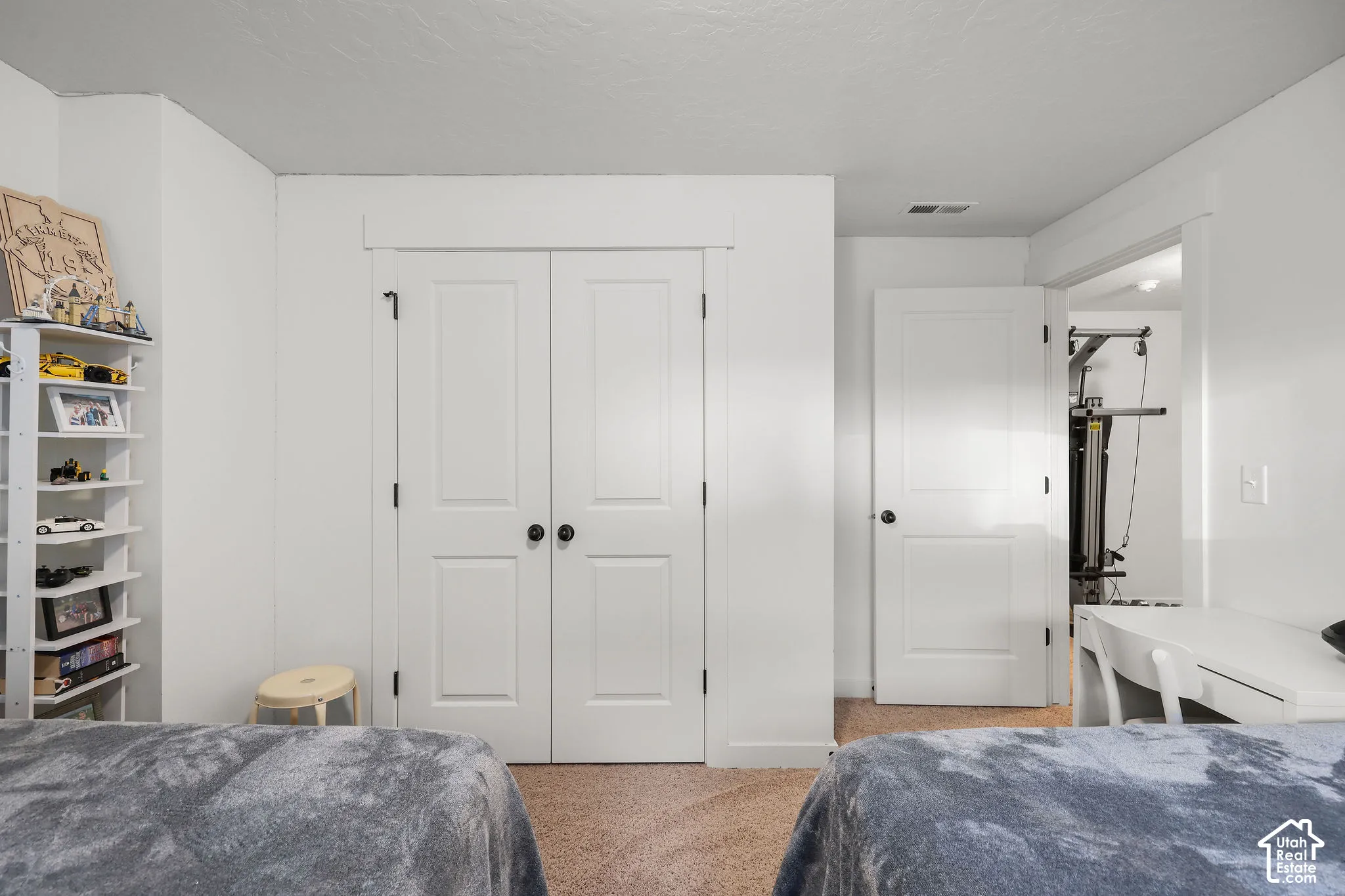 Interior space featuring neutral wall paint, carpeted flooring, and white two-panel interior doors with matte black hardware