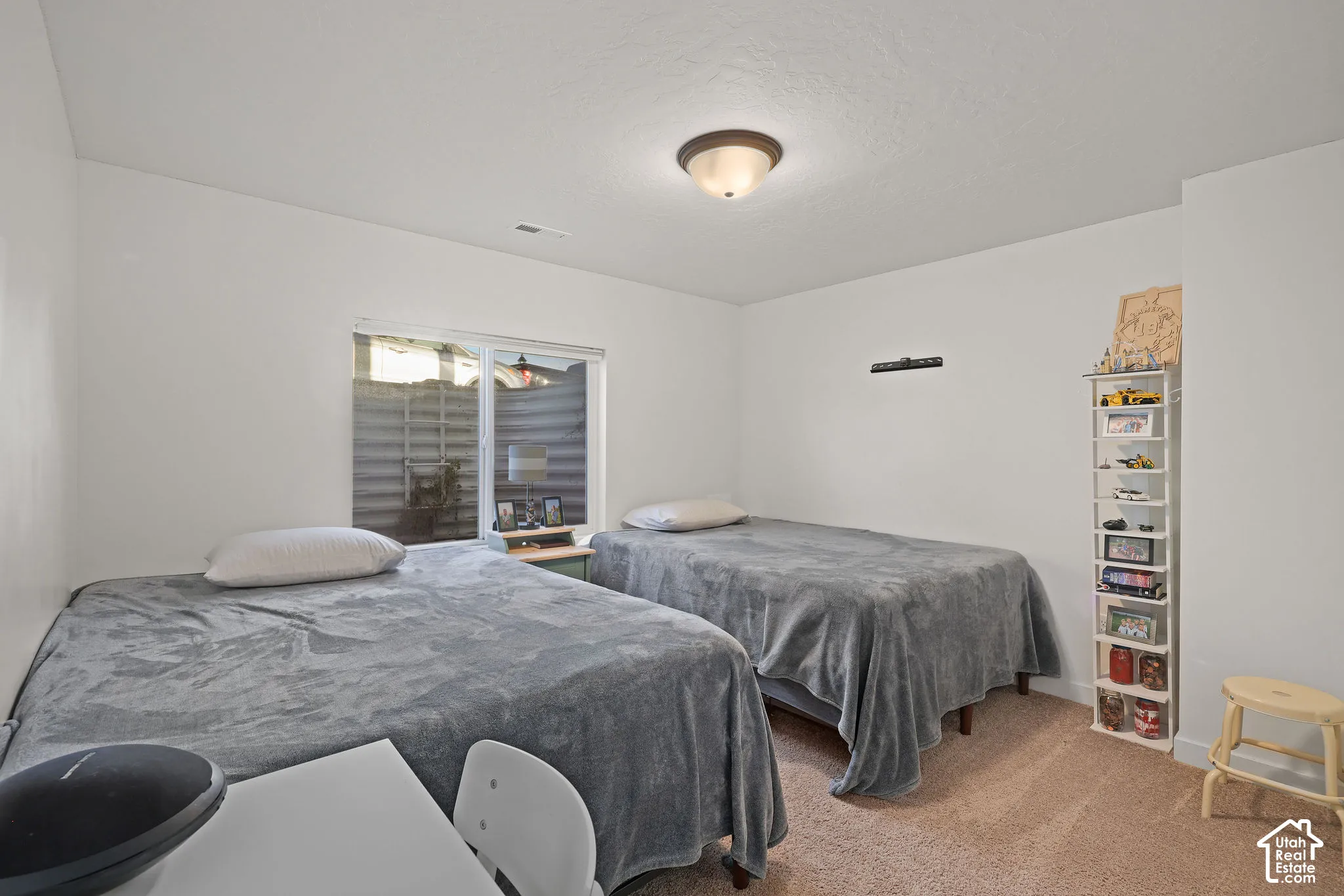 Room featuring neutral wall finishes, plush carpeting, a single-pane window with a horizontal blind, and a flush-mount ceiling fixture
