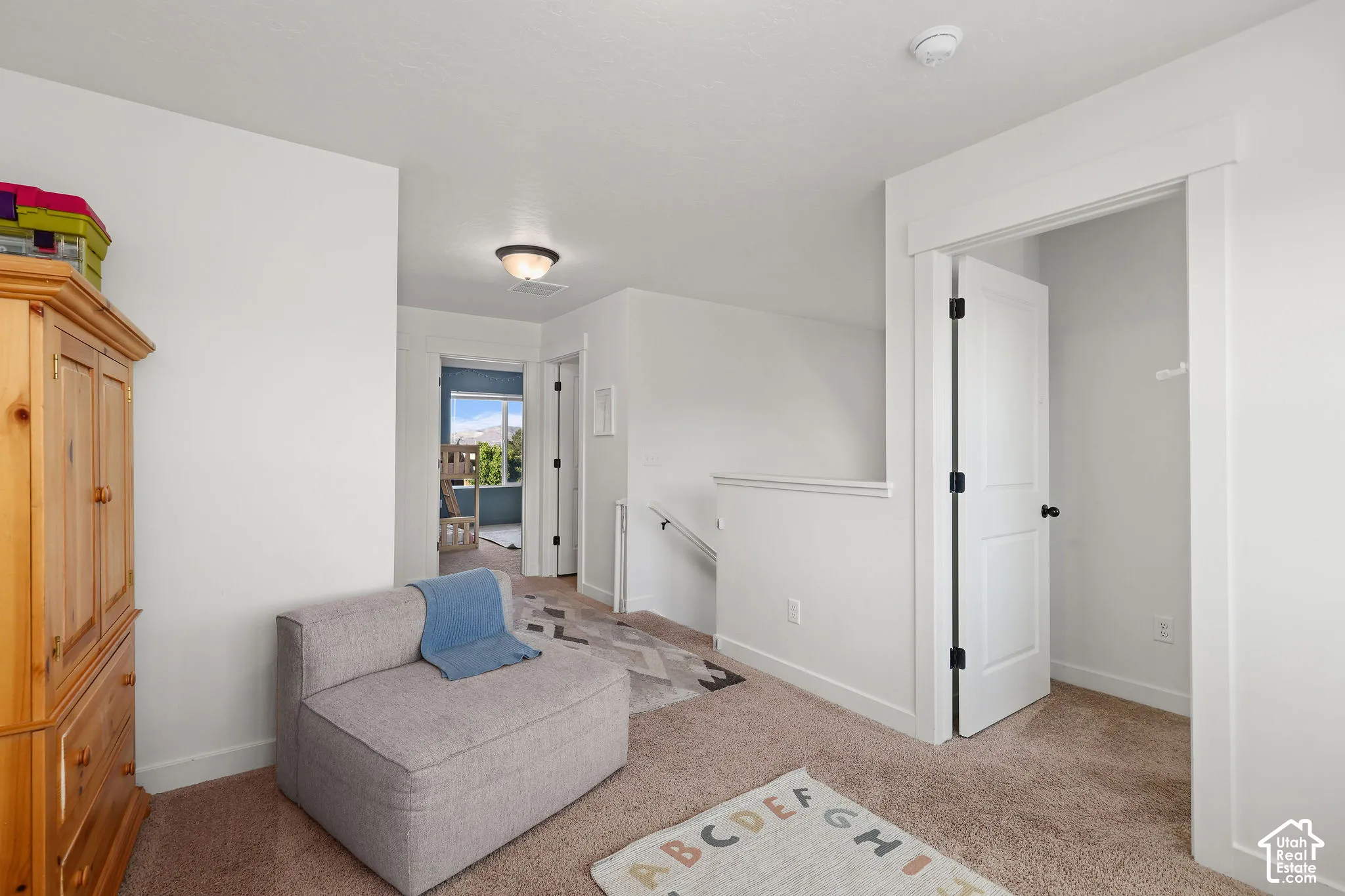 Neutral wall palette with white-trimmed doorways, carpeted flooring, and flush-mount ceiling lighting