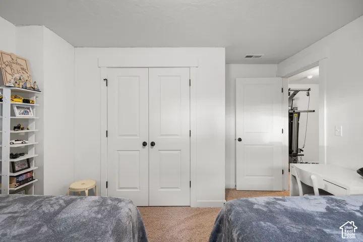Interior space featuring neutral wall paint, carpeted flooring, and white two-panel interior doors with matte black hardware
