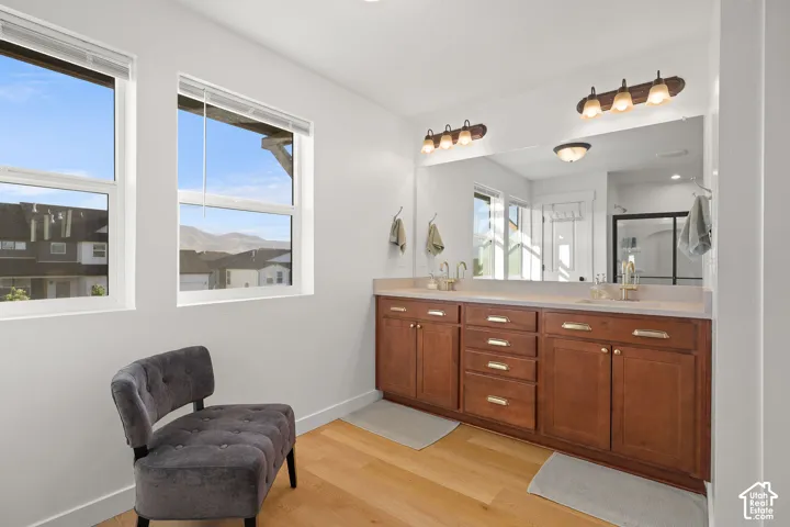 Dual-vanity cabinetry with gold-tone hardware, expansive wall-to-wall mirror, wood-finish flooring, and dual light fixtures featuring glass shades