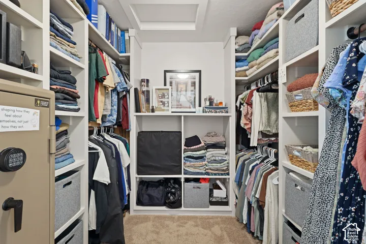 Custom walk-in closet featuring extensive built-in white shelving, integrated hanging rods, and neutral carpeting