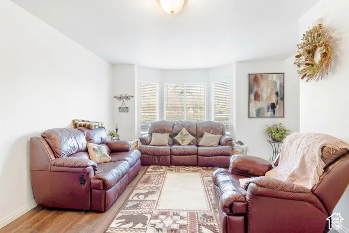 Bay window featuring three individual window panels, wood-finish flooring, and a central ceiling-mounted light fixture