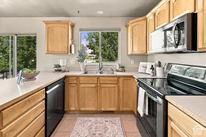 Kitchen featuring light-finish cabinetry, neutral solid-surface countertops, double-basin stainless steel sink, tile flooring, and black appliances