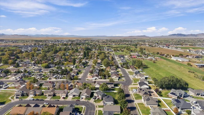 Aerial perspective of the residential area featuring paved streets, mature trees, open green spaces, and a mountain range backdrop