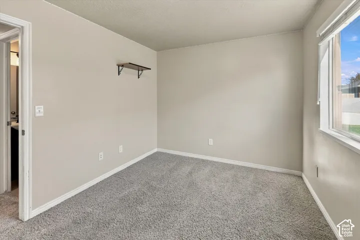 Neutral-toned interior space featuring wall-to-wall carpeting, a single-pane horizontal window, and a built-in wall-mounted shelf