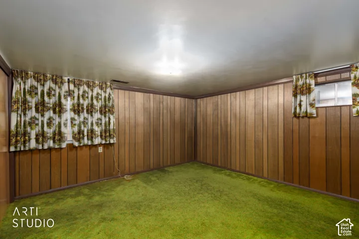 Wood paneling, carpeting, and flush-mount ceiling lighting