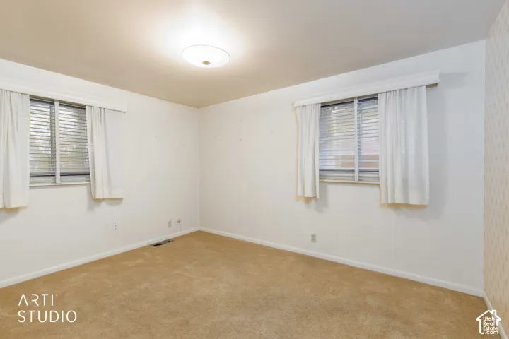 Interior space featuring neutral-toned carpeting, two dual-pane windows with horizontal blinds, and a centered flush-mount ceiling light fixture
