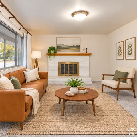 White painted brick gas fireplace featuring a wood mantel, gold-finish fire screen, and large multi-pane windows