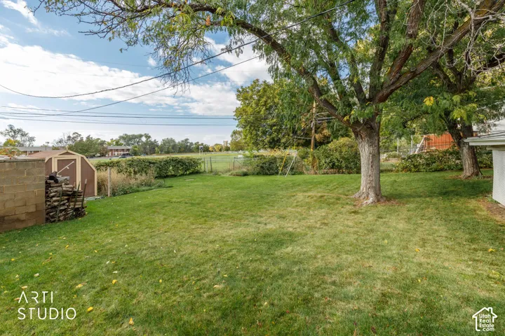 Rear grounds featuring a lawn, mature trees, and a detached storage shed