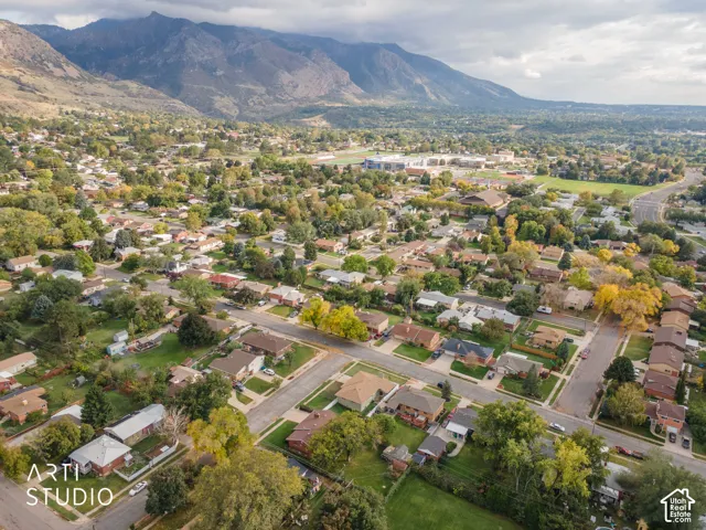 Aerial perspective featuring mature tree-lined streets and a prominent mountain range backdrop