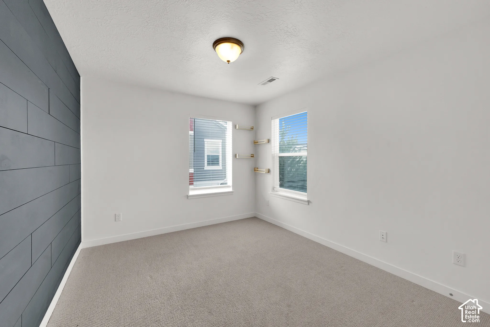 Accent wall featuring gray horizontal plank paneling, neutral carpeting, dual windows, and built-in wall shelving