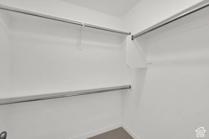 Walk-in closet featuring dual-level hanging rods, built-in shelving, and neutral carpeting