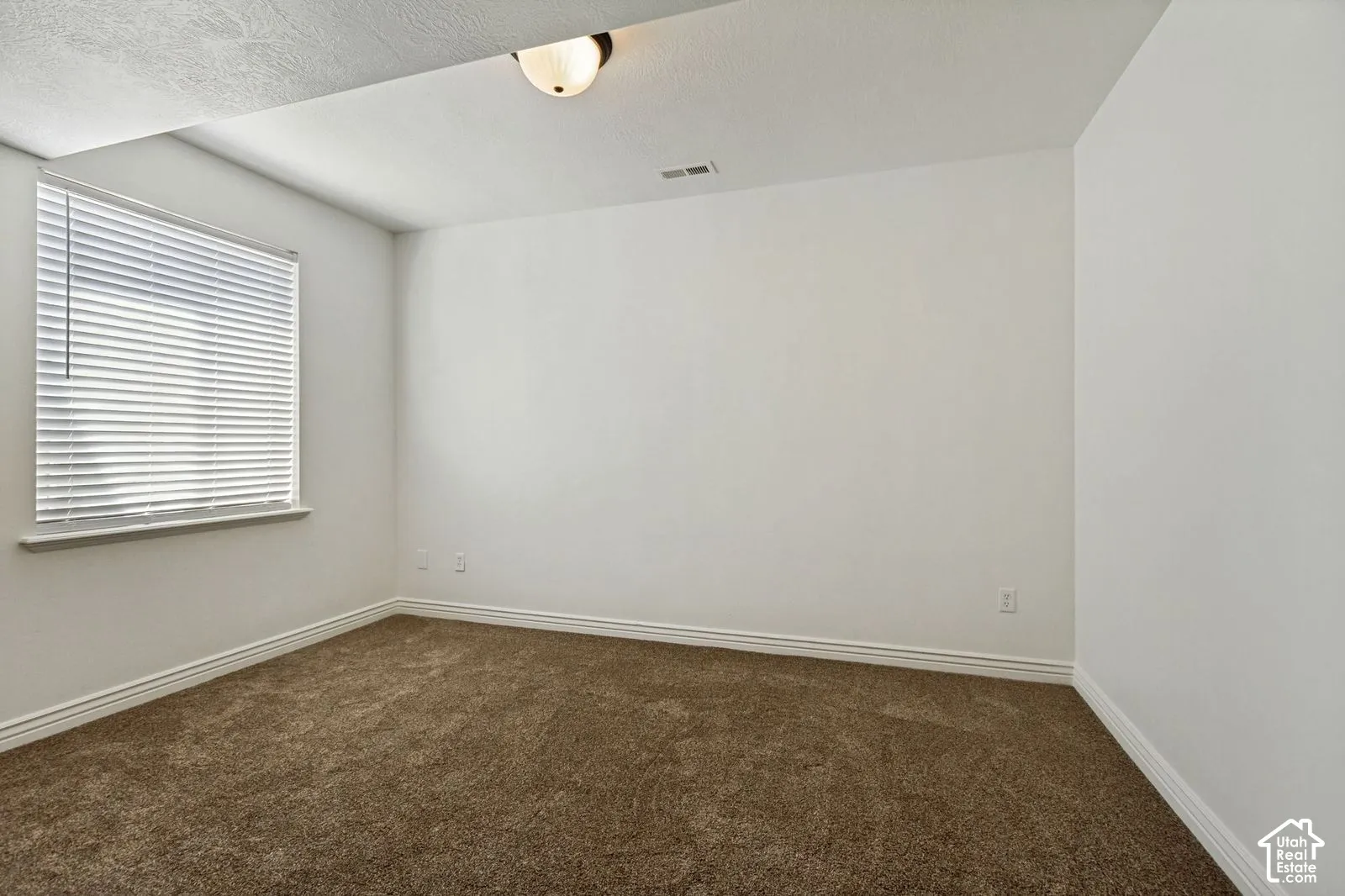 Neutral interior featuring wall-to-wall carpeting, a window with horizontal blinds, and a flush-mount light fixture