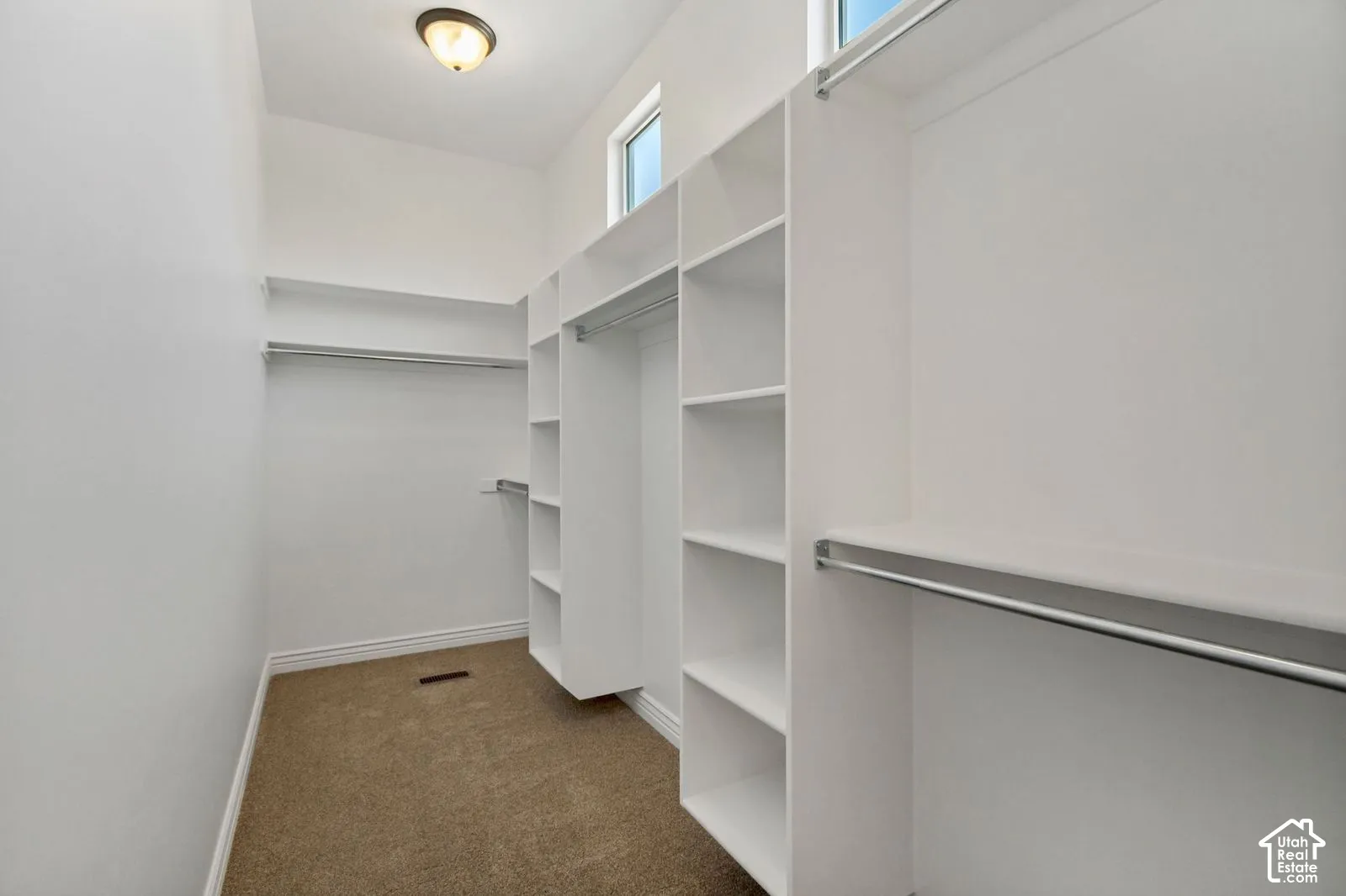 Walk-in closet featuring white built-in shelving, high-set windows for natural light, wall-mounted hanging rods, and carpeting