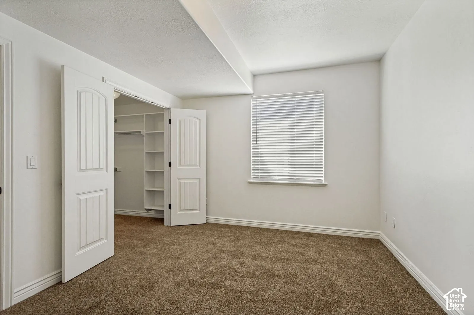 Neutral-toned carpeting, dual-panel interior doors, and a walk-in closet with built-in shelving