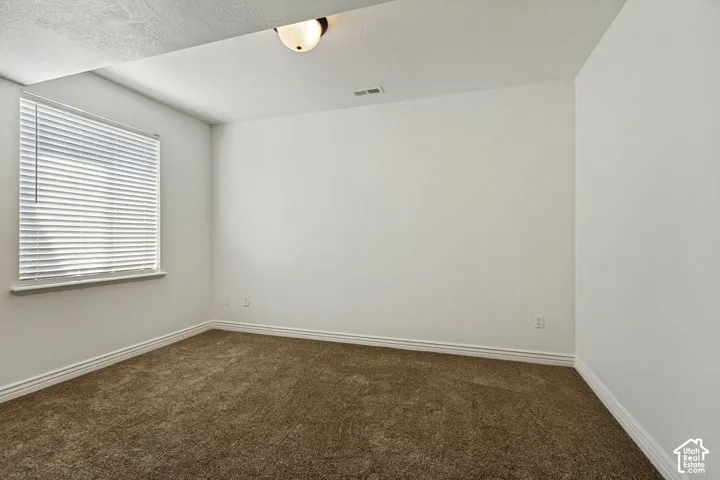 Neutral interior featuring wall-to-wall carpeting, a window with horizontal blinds, and a flush-mount light fixture