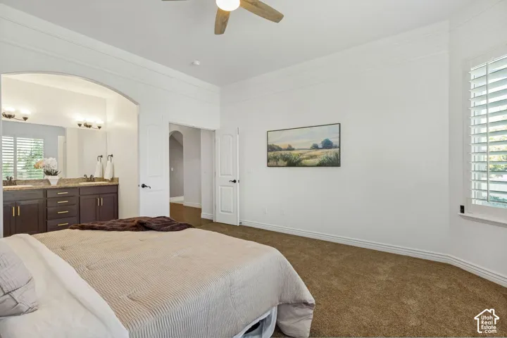 Neutral-toned bedroom featuring crown molding, a ceiling fan with light fixture, plantation shutters, and a vanity area with dark wood cabinetry and stone countertops