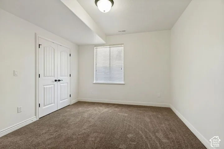 Neutral-toned carpeting, double-panel closet doors with matte black hardware, single-hung window with horizontal blinds, and a semi-flush mount ceiling fixture