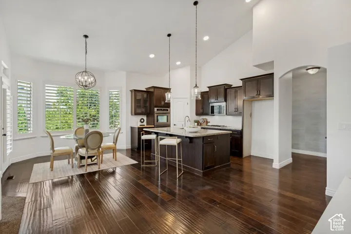 Kitchen featuring dark cabinetry, an expansive central island with stone-finish countertops, vaulted ceilings, pendant lighting, and wood-finish flooring