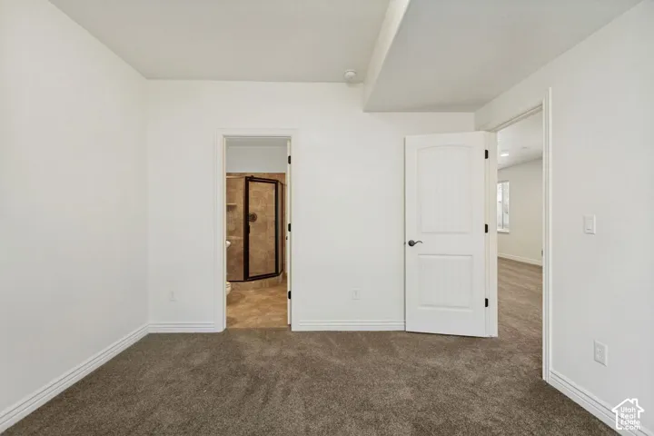 Neutral-toned carpeting, white two-panel interior doors with dark hardware, and recessed lighting