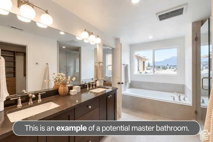Dual-sink vanity with dark wood cabinetry and solid-surface countertop, full-width wall mirror, soaking tub with tile surround, and glass-enclosed shower