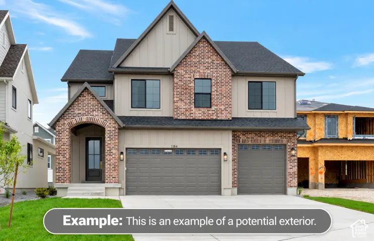 Two-story exterior featuring a brick and vertical siding facade, arched entryway, multi-pane window grids, and a three-car garage