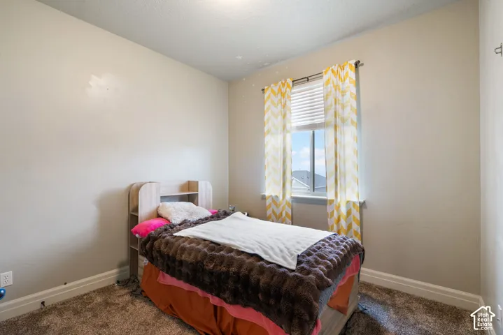 Neutral-toned interior room featuring textured wall-to-wall carpeting and a single window with horizontal blinds