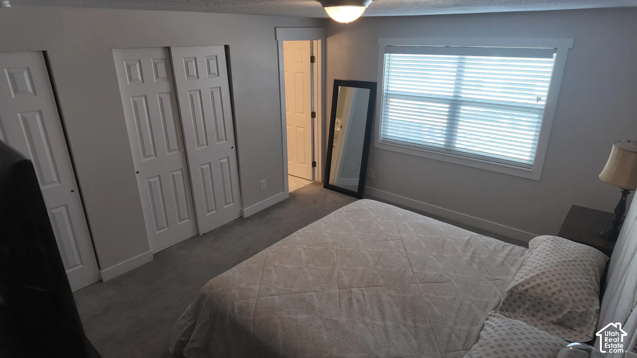Neutral-toned room featuring wall-to-wall carpeting, two sets of paneled closet doors, and a double-pane window with horizontal blinds