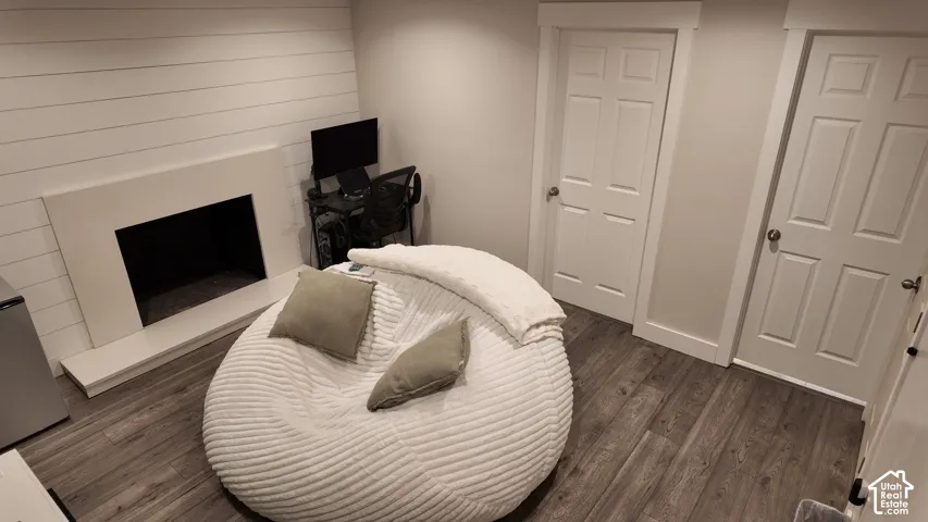 Interior space featuring a fireplace with a minimalist surround, horizontal shiplap wall treatment, wood-finish flooring, and two six-panel doors