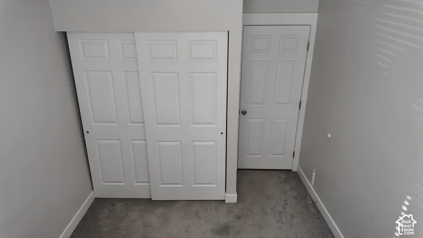 Six-panel interior door and matching sliding closet doors with neutral carpeting